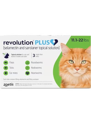 ريفوليوشن بلس (سيلامكتين وسارولانر محلول موضعي) للقطط، 11.1-22 رطلاً (أخضر)