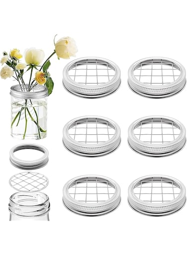 Rayyan Mason Jar Flower Insert Lid Insert Metal Flower Lid Insert Flower Organizer Lid,Flower Arrangements Supplies,Insert with Square Grids for Mason Canning Jars (6 Set Rings and Separate Lids)