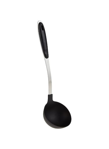 Royalford nylon soup ladle with gripped stainless steel handle black color.