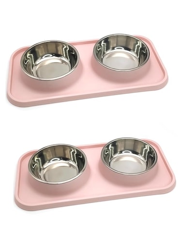 BNOSDM 2 Pcs Double Dog Food Bowls, Stainless Steel Small Dog Food and Water Bowls with Non-Spill Plastic Mat, Pet Cat Feeder Dish Set for Puppy Cats Kitten, Pink