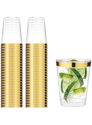 Electrohome 50 Transparent Cups with Rose Gold Rim, 12oz Recyclable Clear Drinking Tumblers, for Wedding Party Birthday Dinner Occasions