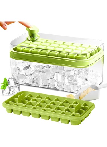 Ice Cube Tray with Lid and Bin, 2 Pack Ice Cube Trays for Freezer, 64 Pcs Ice Cube Mold (Green)