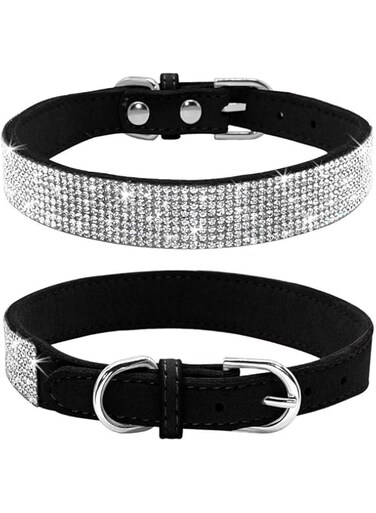 Haoyueer Rhinestone Dog Collar, Cute Dazzling Sparkling Soft Suede Leather Dog Cat Rhinestone Collar Crystal Diamond Pet Dog Puppy Collar(Black,L fit Neck 38-46 cm)