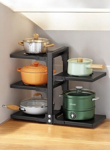 Kitchen Storage Pot Rack - Stainless Steel, 3-Layer Plus 2-Layer Under-Sink Cabinet Organizer, Countertop and Floor Storage Corner Rack