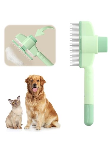 Pet Stripping Comb Flea Comb, Kitten Brush with Release Button, Indoor Pet Stripping Brush for Pet Removal of Loose Fur and Massage (Green)