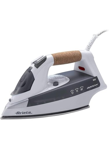 Ariete Steam Iron 2200W, Stainless Steel Soleplate, with Self Cleaning Anti-Limestone, Anti-Drip, Steam Regulator System, 120g/min Steam, 300ml, Ideal for All Garments - &lrm;6232 , White and Grey