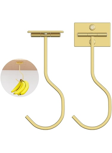 2-Pack Self Adhesive Banana Hook, Metal Banana Hanger Hook,Under Cabinet Hook For Bananas Or Other Kitchen Items, Foldable Banana Hook, Folds Up With Magnets When Not In Use, Keep Bananas Fresh,Gold