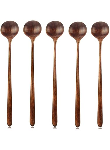 AOOSY Long Spoons Wooden, 5 Pieces Korean Style 10.9 inches 100% Natural Wood Long Handle Round Spoons for Soup Cooking Mixing Stirrer Mukbang Kitchen Tools Utensils(Korean Style Soup Spoon)
