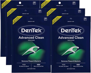 DenTek Triple Clean Advanced Clean Floss Picks, No Break &amp; No Shred Floss, 90 Count, 6 Pack