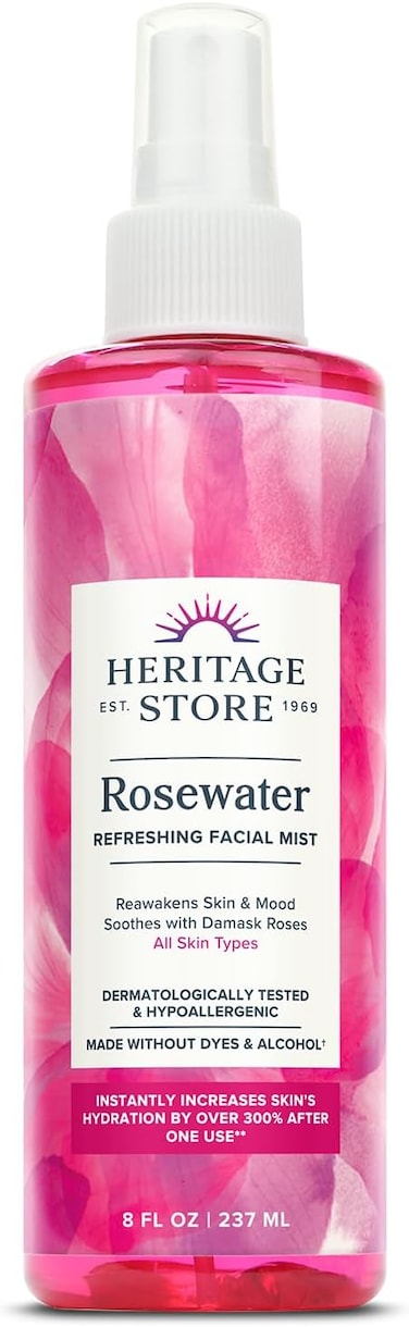 Heritage Store Rose Petals Rosewater Alcohol Free, 100% Pure Vegan Benefits Sensitive Skin, Hair &amp; More Facial Toner &amp; Moisturizer 8 oz, 237 ml (Pack of 1)