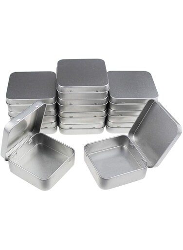 Tazweeq 12 Pieces Square Metal Empty Tins, 2.76 x 2.76 x 0.79 inch, Home Storage Containers Organizer, Mini Box with Hinged Lid, Silver