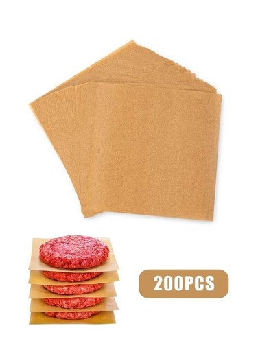 200pcs Square Burger Patty Paper, Double Sided Non Stick Unbleached Parchment Sheets, Wax Paper for Storing Seperating Patty Cookies Candys (Brown)