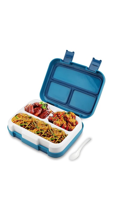 NIXUIO Bento Lunch Box Plastic [3 Compartments] For Adults, Kids With a Spork, Removable Inner Tray - Safe Microwave Dishwasher Freezer - BPA Free, Leakproof, Snack Box for School [Blue, 1180 ML]