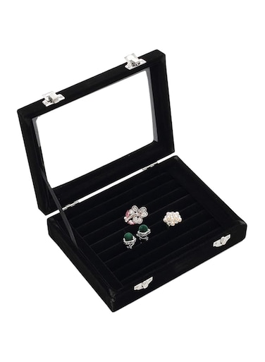 Basuwell 24 Grid Velvet Jewelry Tray for Drawers Glass Clear Lid Showcase Display Storage Ring Trays Black JB0002-7B