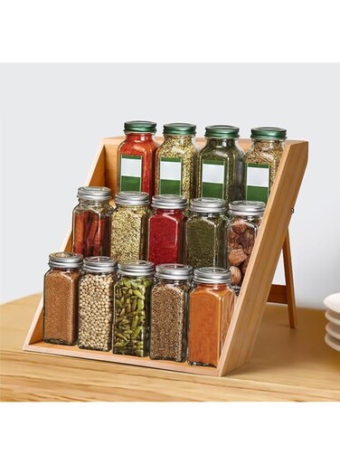 MuHadJiya Spice Rack Organizer for Cabinet Spice Drawer Holder 3 Tier Step Shelf Cabinet Stand,Countertop Organizer for Kitchen Spice Holder Kitchen Seasoning Rack (Wooden-3 Tier)