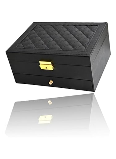 Black Jewelry Box - Large Beautifully Black PU Leather Organizer for Women's Accessories, Two-Layer Display for Earrings, Bracelets, Rings, and Watches