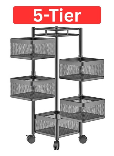 5-Tier Rotating Kitchen Storage Rack with Wheels, Metal Mesh Fruit &amp; Vegetable Storage Basket Cart, Onion Potato Organizer, Rolling Kitchen Trolley, Pantry Storage Rack for Fruits, Vegetables, Snacks, Bathroom &amp; Laundry