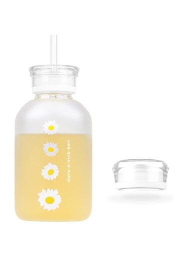 Oasisgalore 16oz Cute Water Bottle, Matte Glass Water bottle with Straw, Milk Juice Glass Water Bottle with Scale, with 2 Lids, Little Daisy Sunflower Matte Portable Water Cup - Matte 4 Sunflowers