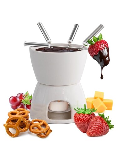 Joeji's Kitchen 7 in 1 Chocolate Fondue Set - Complete Cheese Fondue Sets with Fondue Pot Candle &amp; 4 Forks - Non Electric Fondue Set Heated with a Tealight - Dishwasher-Safe Fondue Mug