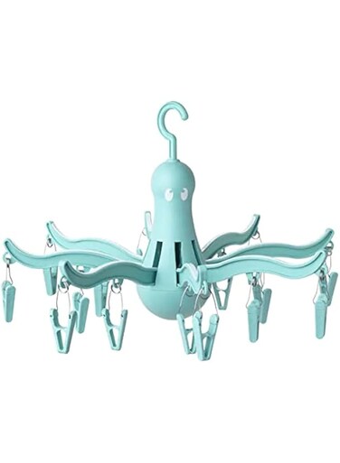 Ikea PRESSA Plastic Foldable Portable Hanging Dryer Octopus Shape Clothes Drying Hanger Rack with 16 Clips Hook, Turquoise