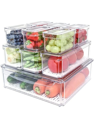 Fridge Organizers and Storage, 10 Pack Stackable Refrigerator Organizer Bins with Lids, BPA-Free Produce Fruit Storage Containers for Storage Clear for Food, Drinks, Vegetable Storage