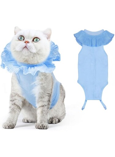NALACAL Cat Surgery Recovery Suit for Female Cat, Breathable Surgical Recovery Shirt for Abdominal Wounds Skin Diseases After Surgery, Soft Fabric Kitten Onesie, E-Collar Alternative for Cats, M Blue