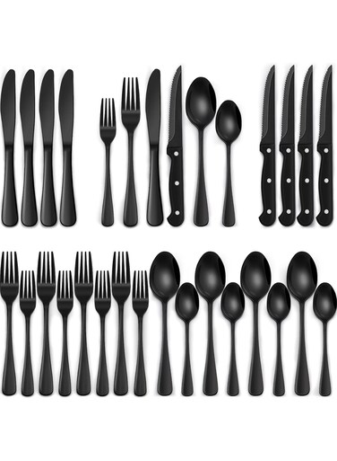 Black Silverware Set with Steak Knives, Black Flatware Set for 4, Food-Grade Stainless Steel Tableware Cutlery Set, Mirror Finished Utensil Sets for Home Restaurant