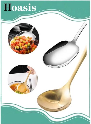 2-Piece Stainless Steel Large Portion Spoon&iuml;&frac14;&OElig; Chef's Spoon Silver and Gold&iuml;&frac14;&OElig; Long Handled Self-Service Spoon&iuml;&frac14;&OElig; Soup Spoon&iuml;&frac14;&OElig; Kitchen Utensils Suitable for Catering and Dinner Services.