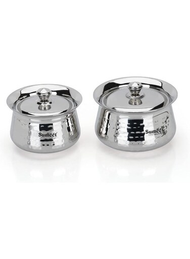 Stainless Steel Handcrafted Hammered Texture Handi Set with Lids &acirc;&euro;&ldquo; 2 Pieces (460ml &amp; 650ml) for Kitchen, Durable &amp; Corrosion-Resistant, Dishwasher Safe, Silver