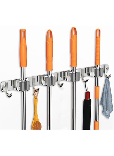 Kameety Mop and Broom Holder Wall Mount, Upgraded Broom Organizer Wall Mount, Stainless Steel Broom Hanger Wall Mount for Home Kitchen Garden Laundry Garage (4 Racks with 5 Hooks)