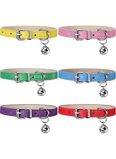 Weewooday 6 Pieces Leather Cat Collar with Bell Cute Pet Leather Kitten Collar for Boy Girl Cats with Safety Elastic Strap for Small Kitten Puppy(Bright Color)