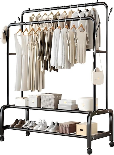 Heavy Duty Rolling Garment Rack &acirc;&euro;&ldquo; Double Rail Clothes Organizer with Storage Shelves, Lockable Wheels &amp; Strong Metal Frame &acirc;&euro;&ldquo; Portable Closet for Home or Office (Black)