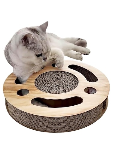 NALACAL Cat Puzzle Toy 3-in-1 Kitten Enrichment Toy for Indoor Cats with Cardboard Scratcher, 2 Bell Balls, Round Play Box, and Interactive Features for Fun, Exercise, and Mental Stimulation