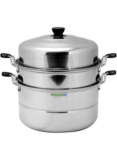 Royalford Induction-Safe Stainless Steel Large 3-Tier Food Steamer Pot with Lid  Double Layer Multi Food Cook Stock Pot - Cool Touch Handles - Stylish Design, Easy Food Release &amp; Clean-Up - 9L