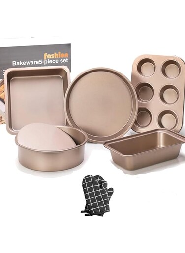 Pqspace 6 Pieces Baking Set，Carbon Steel Nonstick Baking Pans，Rectangular Toast Box，6 Cup Muffin Baking Pan，Loaf Pan，Square Round Baking Pan，Pizza Baking Tray，Kitchen Baking Tools