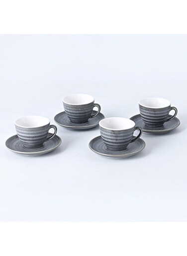 8-Piece Kiln Variable Glaze Process Round Linear Ceramic Coffee Cup And Saucer Set Grey 11x9x6.5cm