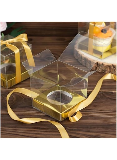 LAROKO Cupcake Box with Ribbon Tie, Clear Metallic Gold Plastic Dessert Gift Boxes, Disposable Cupcake Favor Boxes 3.5" 10 Pcs