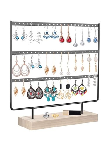 QDDC 3-Tier Earring Holder Rack Hanging Earrings, Earring Storage Rack, Earring Display Stand, Detachable Earring Holder with Wooden Base, for Earrings (Black)