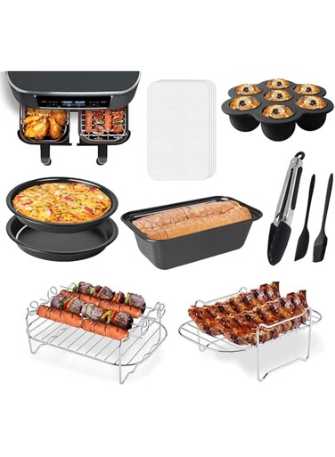 Xufeng Air Fryer Accessories 10pcs Set, for Ninja Dual Air Fryer DZ201, DZ401 &amp; More - Perfect for 8-10 Quart and Larger Dual Zone Air Fryers - Includes Cake Pizza Pan, Rack &amp; Skewer, Paper Liner, ect