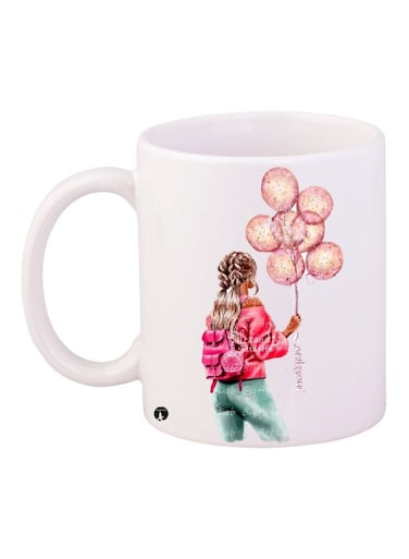 Girl With Balloons Printed Coffee Mug White/Pink/Blue