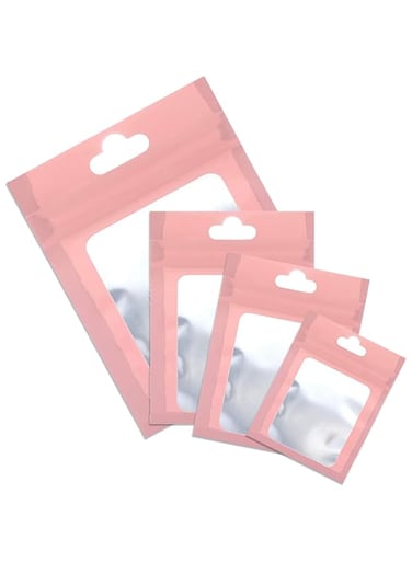 Khazna 100 Pieces Resealable Mylar Ziplock Food Storage Bags with Clear Window for Food Self Sealing Storage Packing Bag for Jewelry Candy Party Supplies，4 Size (pink)