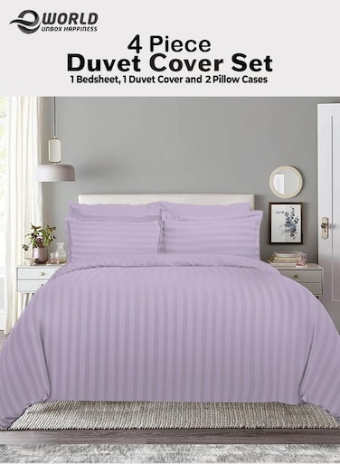 Premium Striped Duvet Set All Season &acirc;&euro;&ldquo; 4-Pieces Set Lilac   King Size 220x240 cm   Ultra-Soft, Wrinkle-Resistant &amp; Made in Dubai   Includes Duvet Cover, Fitted Sheet (200x200 cm) &amp; 2 Pillowcases (50x70 cm)