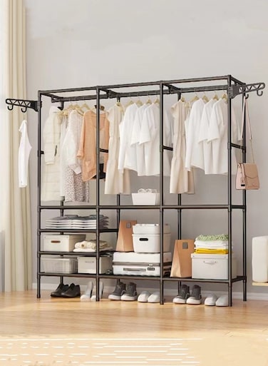 1-Piece Simple Assembly Wardrobe Clothes Storage Rack Portable Wardrobe Organizer With Hook Metal 160x36x173 cm
