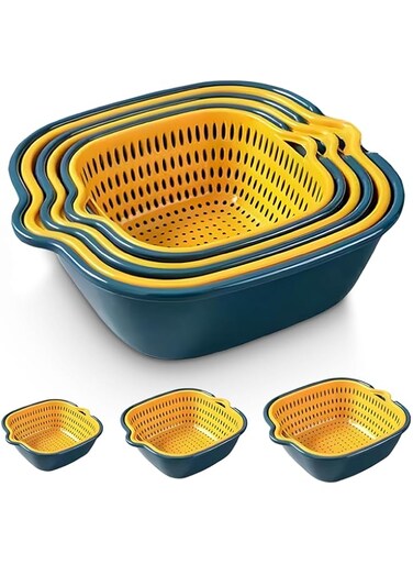 From Farm to Feast: Home Chef's 6 Pieces Colander with bowl for Gourmet Cooking Adventures, Food Strainer for Pasta Veggies and Fruits, 3 Sets - 2 in 1 Drain Basin &amp; Basket (Blue &amp; Yellow)