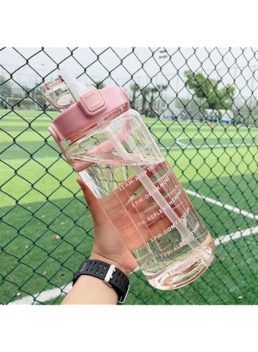 X spring Large Water Bottle, 2L Motivational Drinking Water Bottles with Time Marker and Removable Straw, Leakproof Big Water Jug Sports Water Bottles for Fitness, Gym, Sports and Camping (Pink)