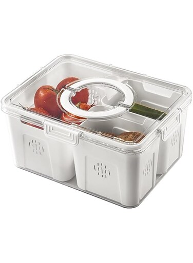 ALMEKAQUZ Fruit Vegetable Storage Containers Fridge Refrigerator Organizer, Produce Storage Containers Fridge Organizer Bins with Handles For Berry Strawberry Lettuce Salad Fish (3 compartment)