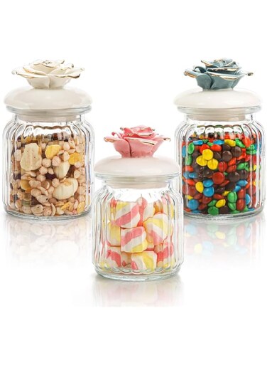 Azonee 3 Pack Glass Storage Jars with Airtight Lids, Ribbed Glass Small Canister with Porcelain Lid, Glass Kitchen Canisters, 10 oz Clear Candy Dish Canning Jar for Sugar Tea Spices Cookie Nuts