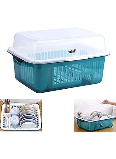 Rubik Covered Dish Drying Storage Rack Kitchen Tableware Dish Drainer with Transparent Lid Cover (Large, Blue)