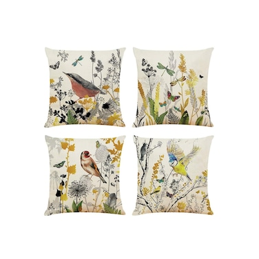 Decorative Throw Pillow Covers 18x18 inches Set of 4 Birds Butterfly and Plant Cushion Covers 45cm x 45cm Boho Linen Square Throw Pillow Cases for Living Room Sofa Couch Bed Pillowcases (Gold Black)
