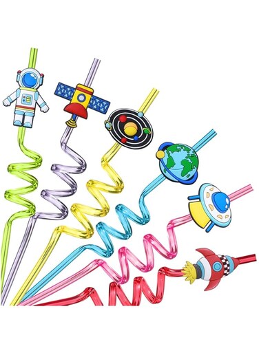 Paporich Outer Space Straws Party Favors, Astronaut Giveaways, Theme Birthday Party Supplies with Cleaning Brush, Solar System Rocket Spaceship Astronaut Satellite Planet Attachments (Set of 24)